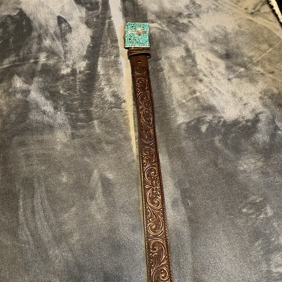 NOCONA Brown WESTERN LEATHER Belt Teal Buckle S - Picture 5 of 10